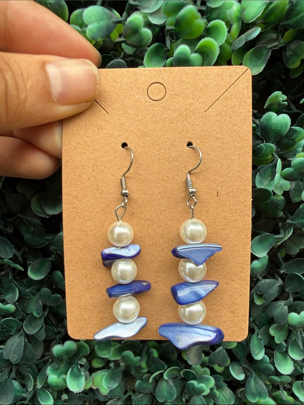 Handcrafted Faux Pearl and Blue Shell Drop Earrings - Women Jewelry